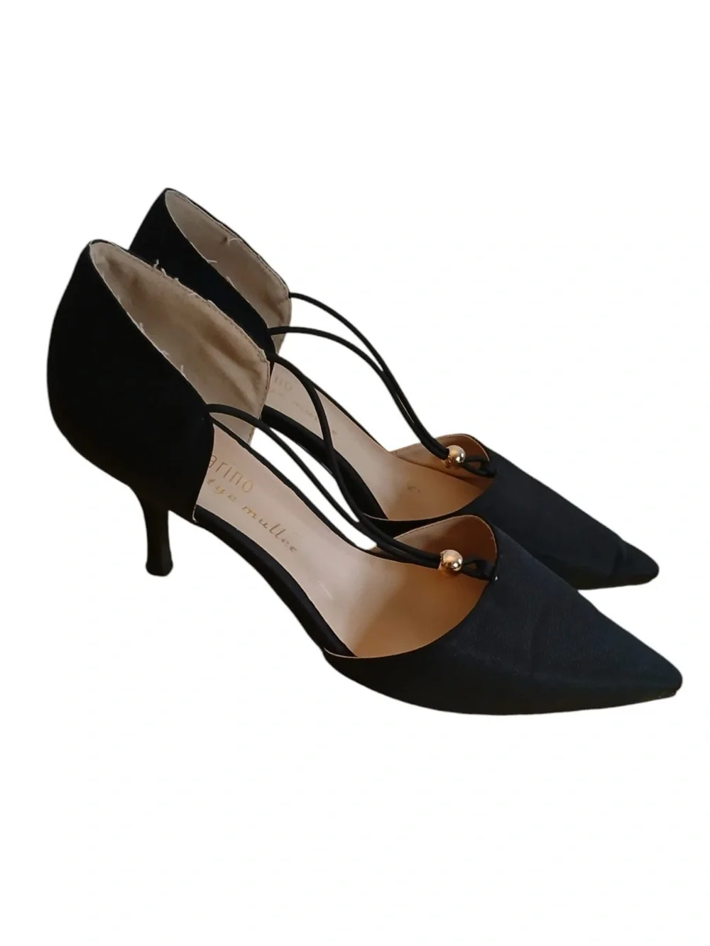 Ann Marino Black Pointed T-Strap Heels with Gold Accent